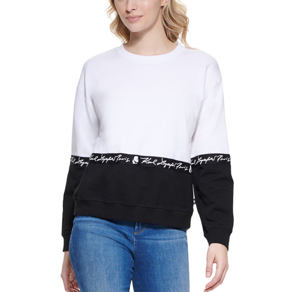 KARL LAGERFELD Sweatshirt Script Colorblock Pullover Top NWT Size XS